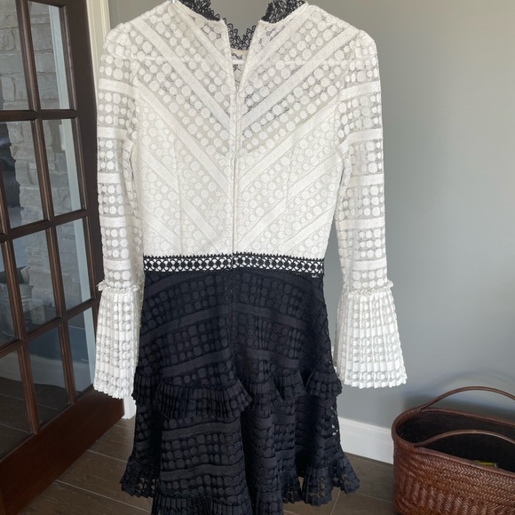 Gianni Bini Liv Mock Neck Lace Black & White Long Sleeve Dress XS | Ruffle Skirt - Picture 10 of 12